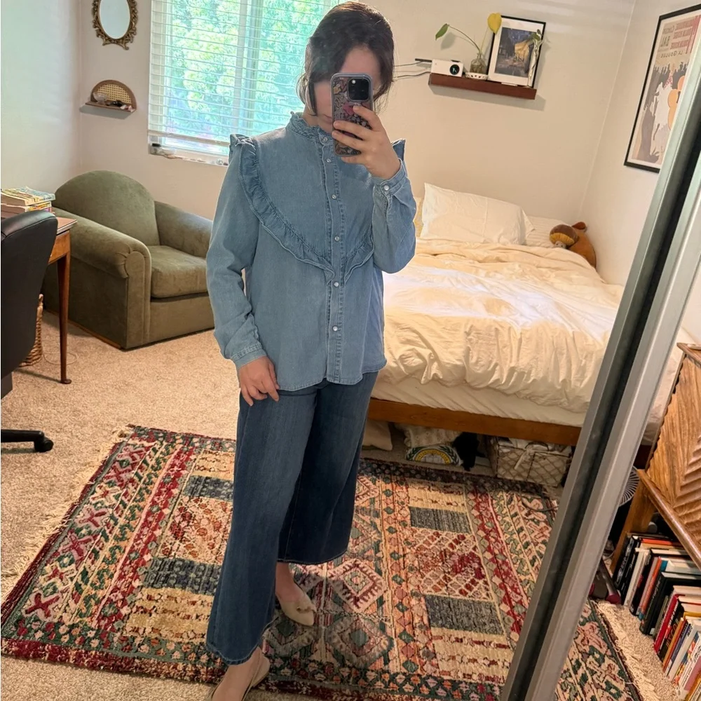 Denim Ruffle Button-Up Shirt - Picture 3 of 5